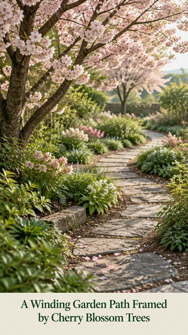 A Winding Garden Path Framed by Cherry Blossom Trees