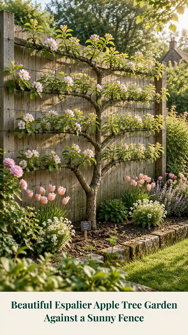 Beautiful Espalier Apple Tree Garden Against a Sunny Fence