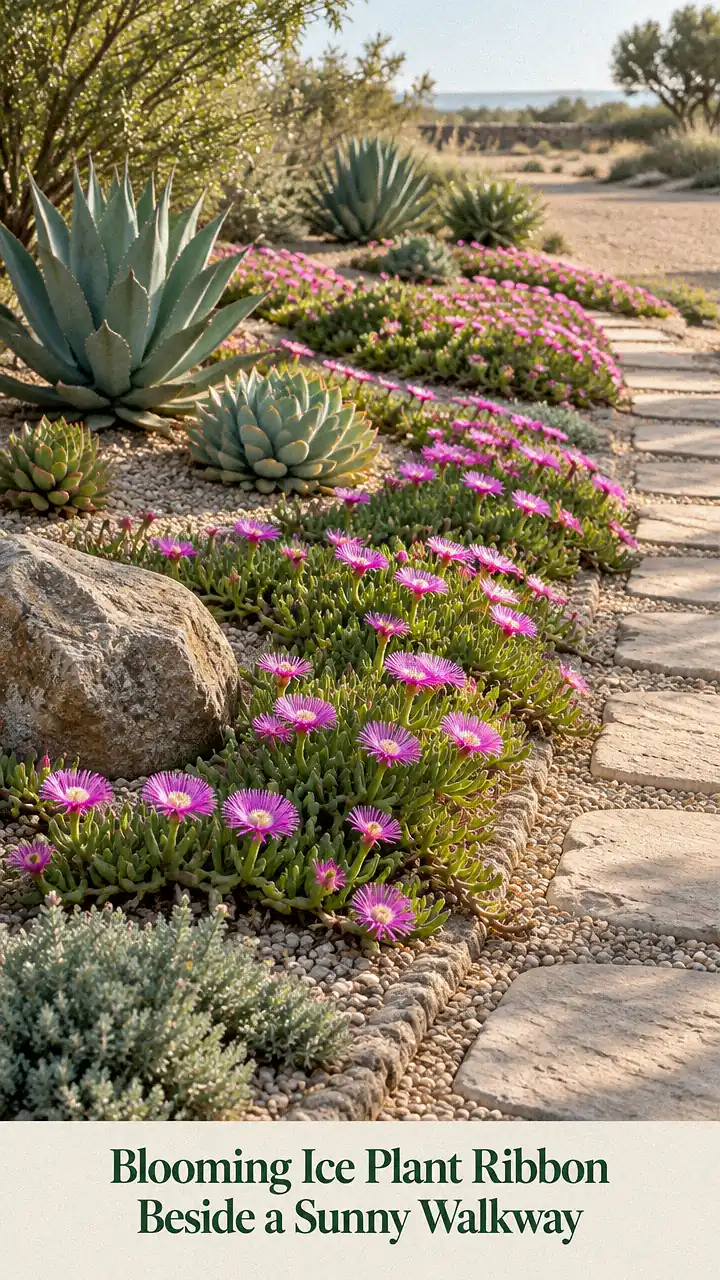 Blooming Ice Plant Ribbon Beside a Sunny Walkway