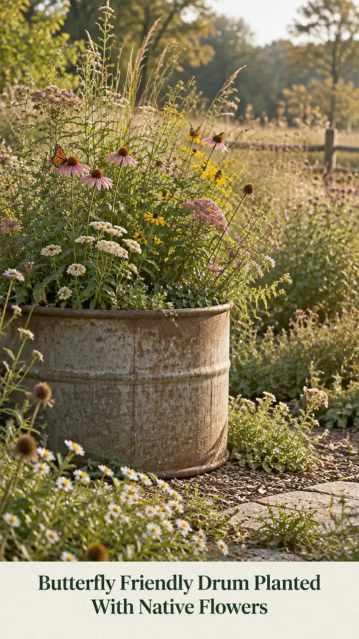 Butterfly Friendly Drum Planted With Native Flowers