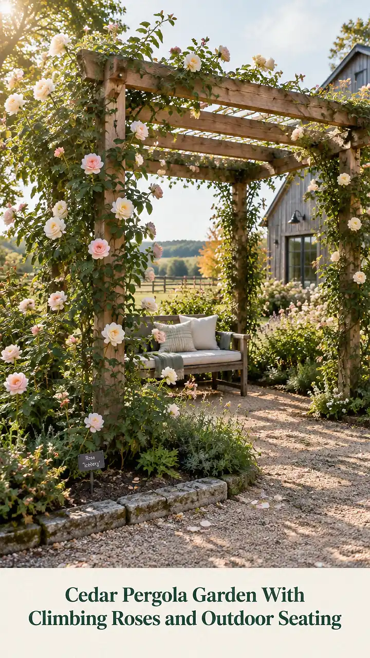 Cedar Pergola Garden With Climbing Roses and Outdoor Seating