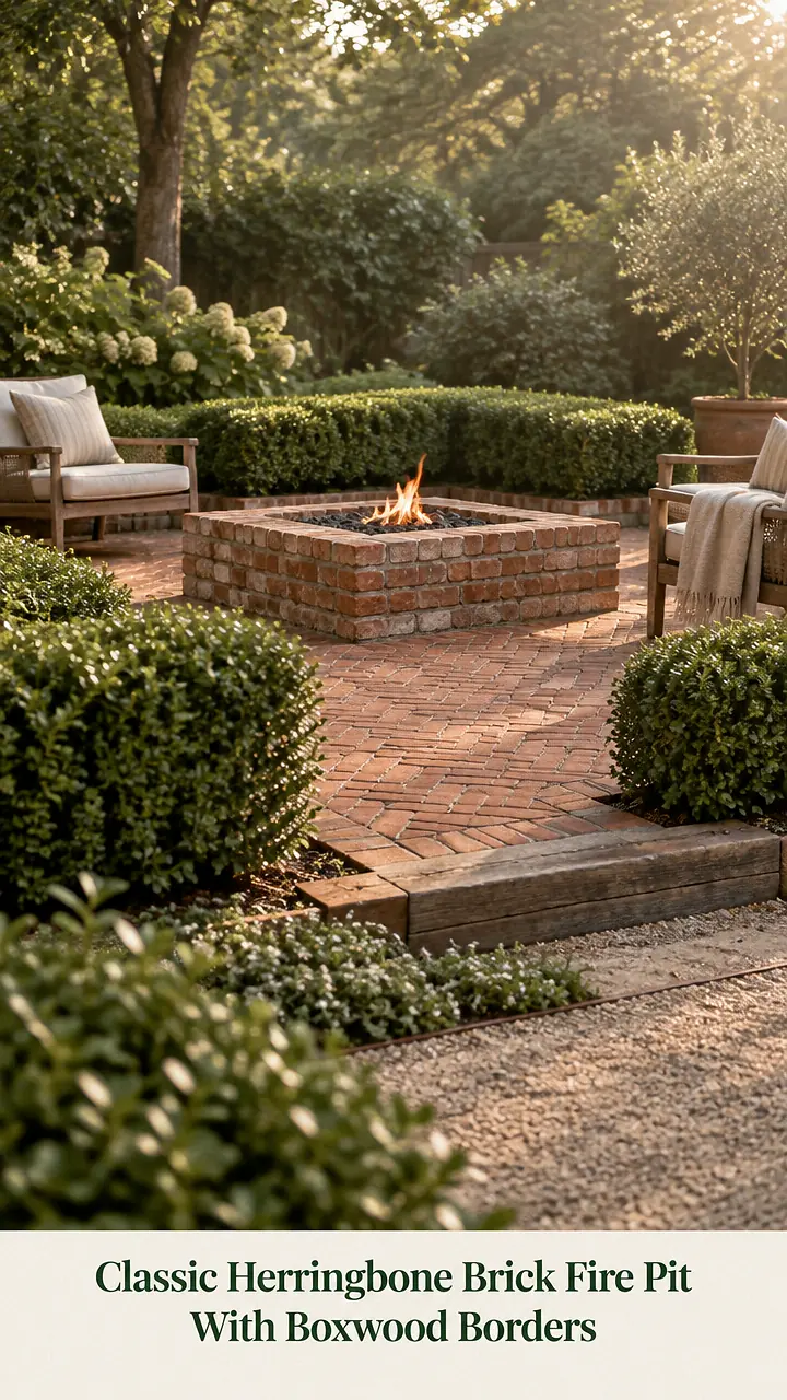 Classic Herringbone Brick Fire Pit With Boxwood Borders