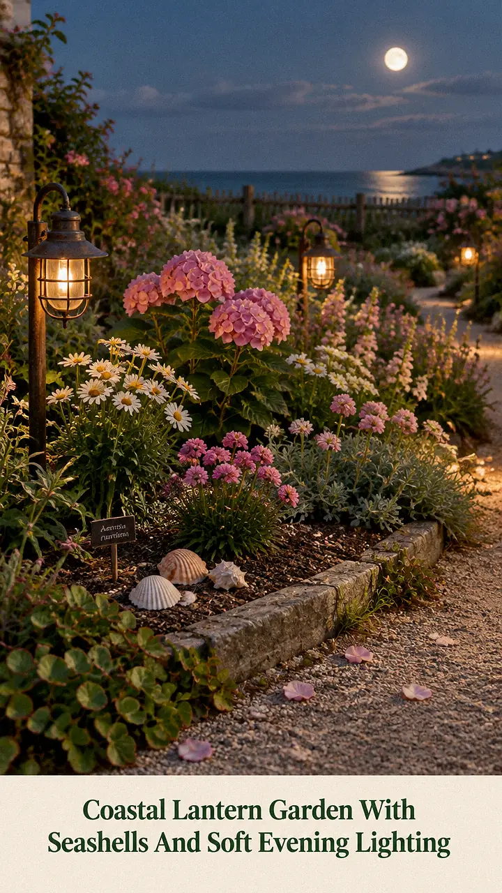 Coastal Lantern Garden With Seashells And Soft Evening Lighting