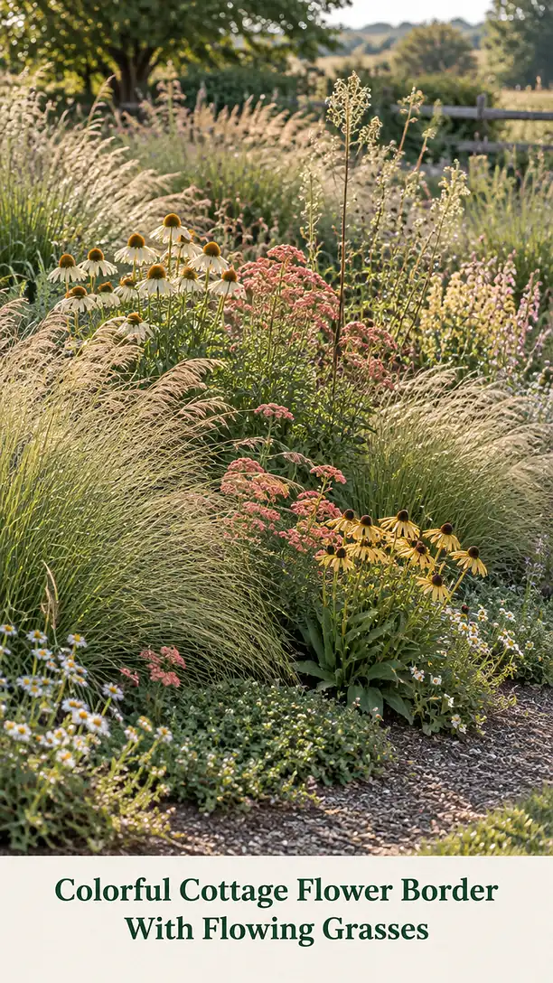 Colorful Cottage Flower Border With Flowing Grasses