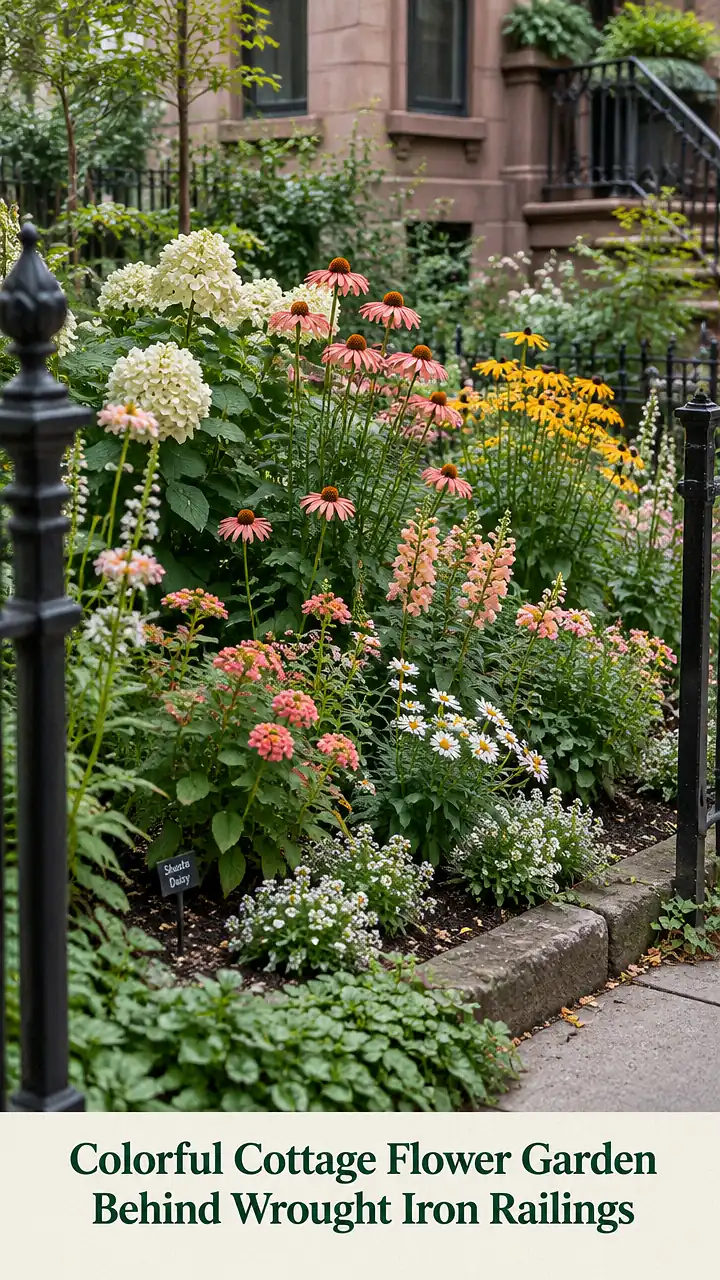 Colorful Cottage Flower Garden Behind Wrought Iron Railings