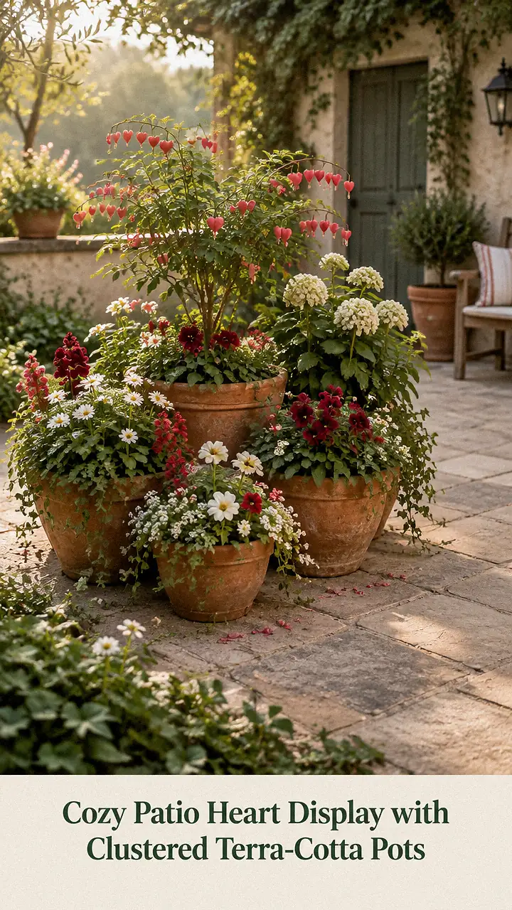 Cozy Patio Heart Display with Clustered Terra-Cotta Pots