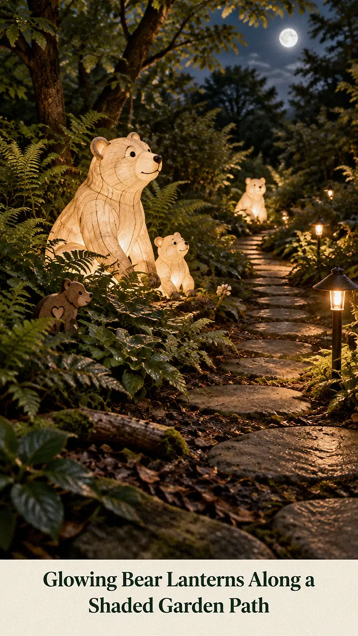 Glowing Bear Lanterns Along a Shaded Garden Path