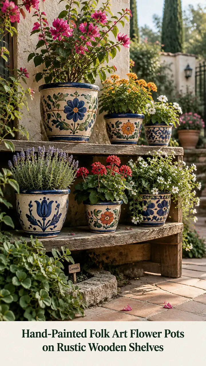 Hand-Painted Folk Art Flower Pots on Rustic Wooden Shelves