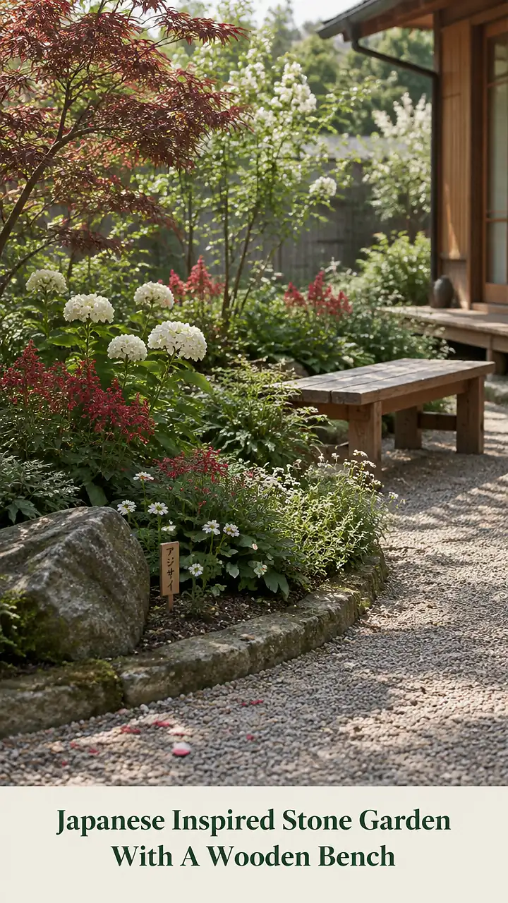 Japanese Inspired Stone Garden With A Wooden Bench