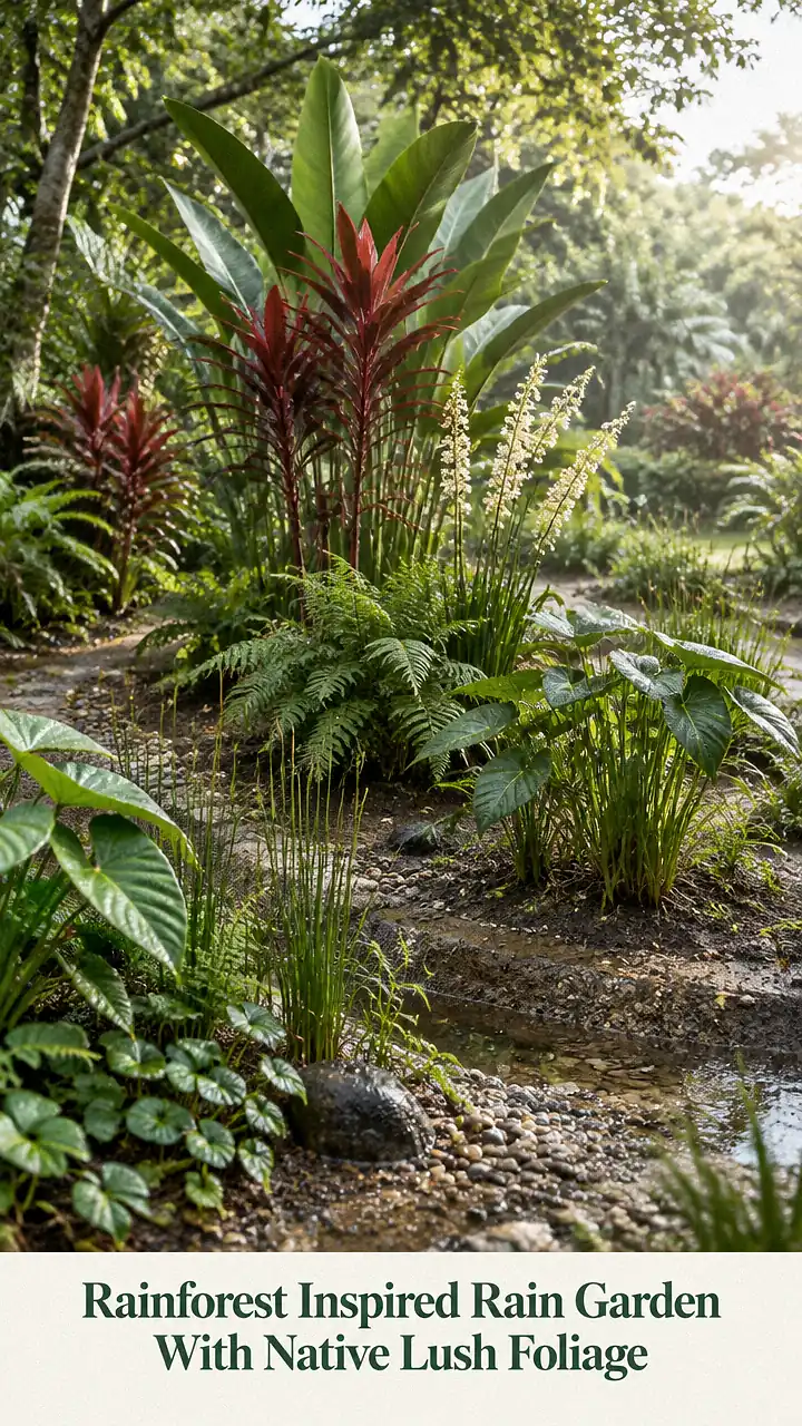 Rainforest Inspired Rain Garden With Native Lush Foliage