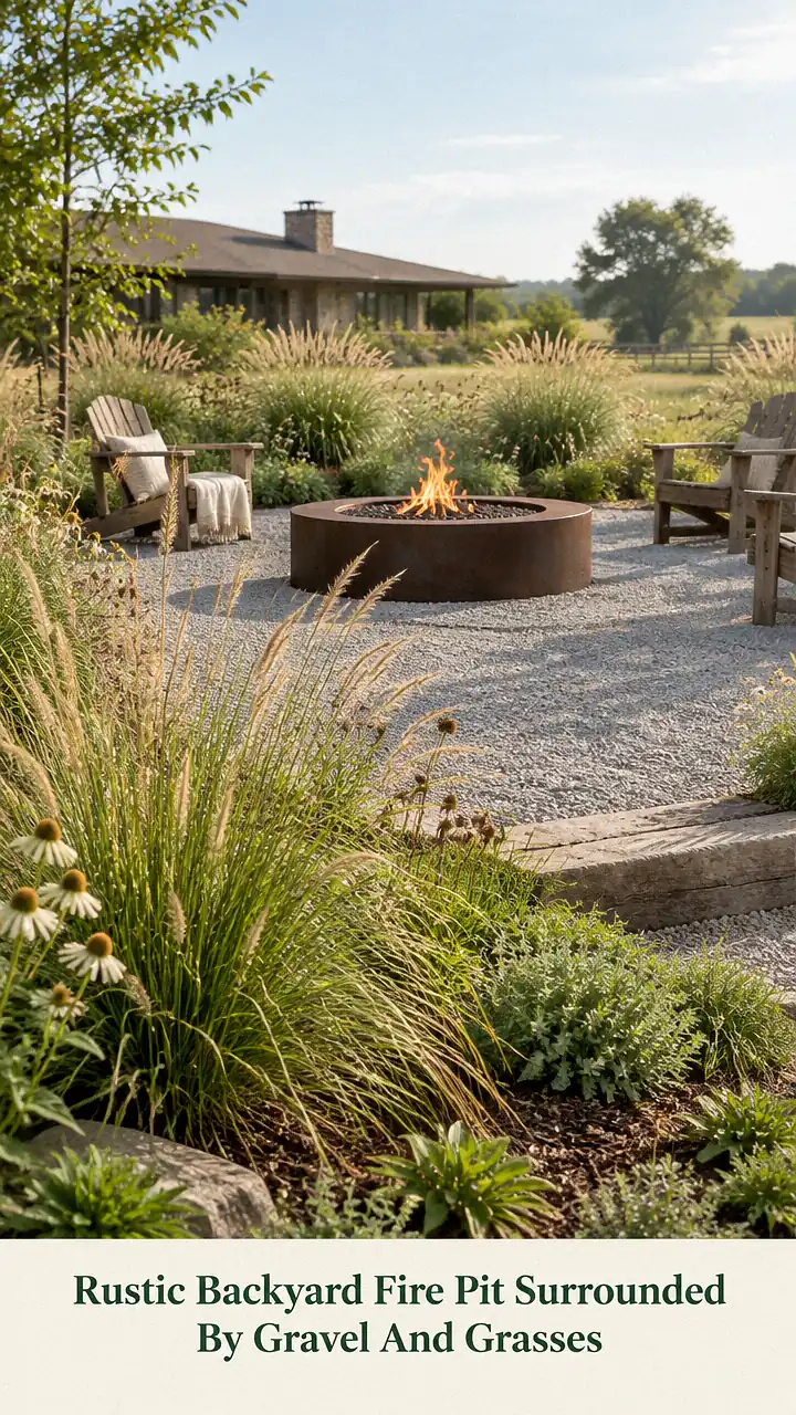 Rustic Backyard Fire Pit Surrounded By Gravel And Grasses