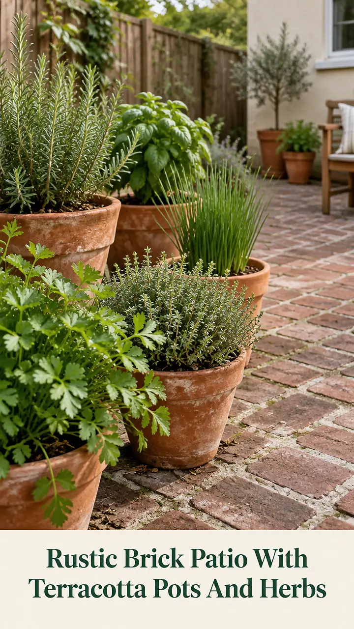 Rustic Brick Patio With Terracotta Pots And Herbs