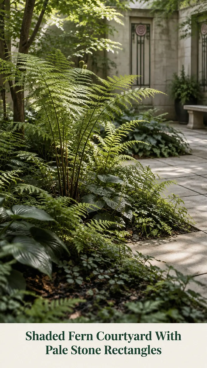 Shaded Fern Courtyard With Pale Stone Rectangles