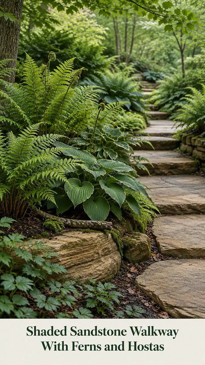 Shaded Sandstone Walkway With Ferns and Hostas