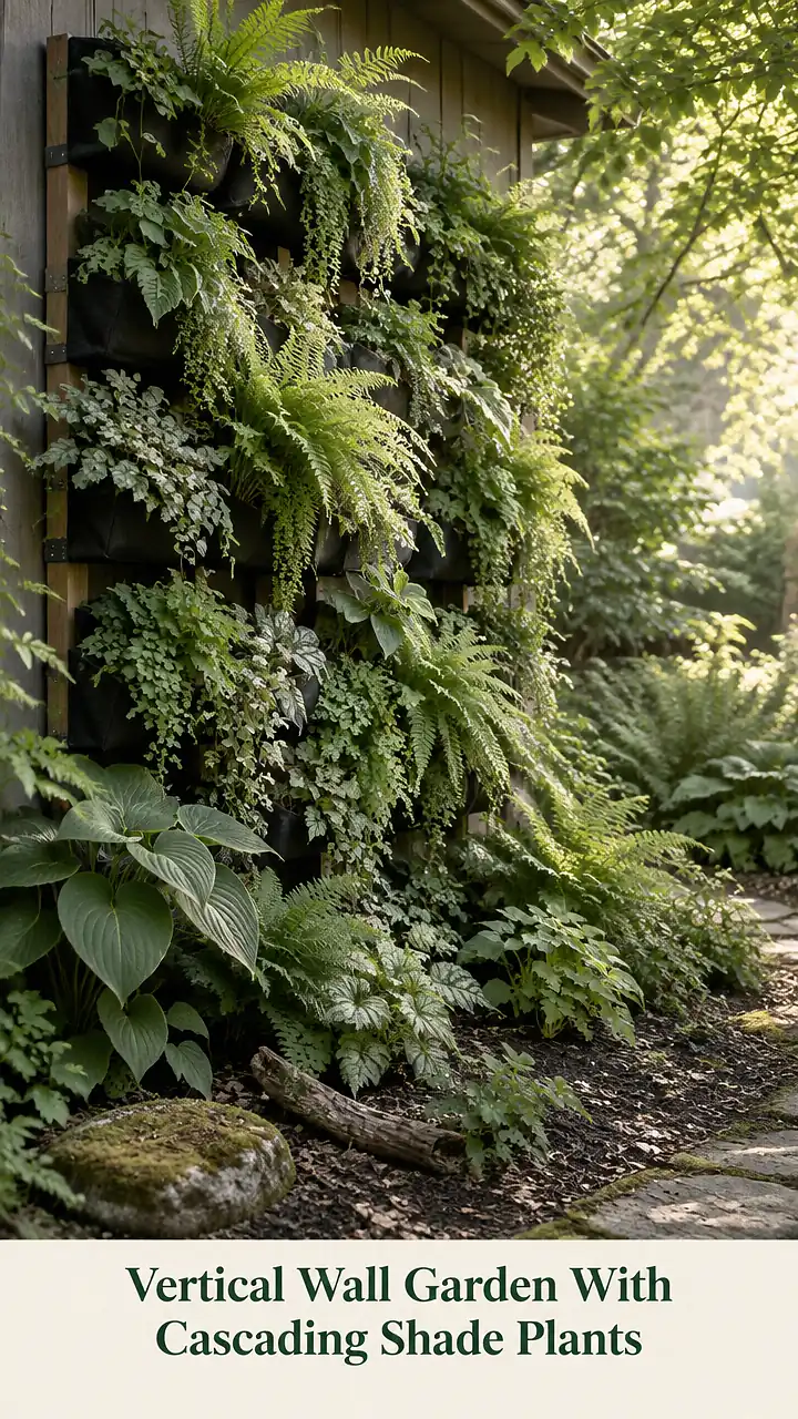Vertical Wall Garden With Cascading Shade Plants