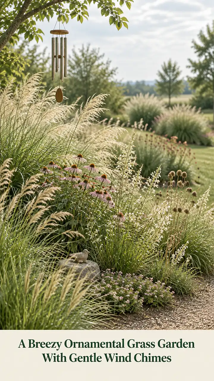 A Breezy Ornamental Grass Garden With Gentle Wind Chimes