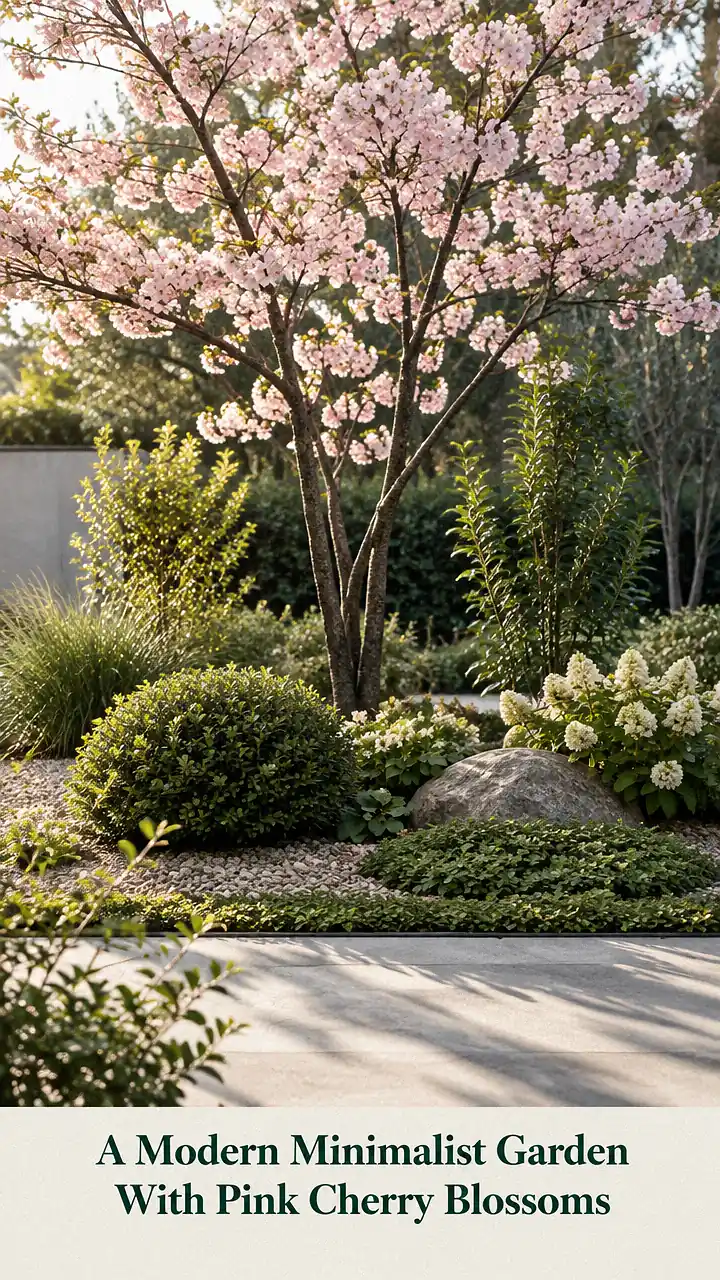 A Modern Minimalist Garden With Pink Cherry Blossoms