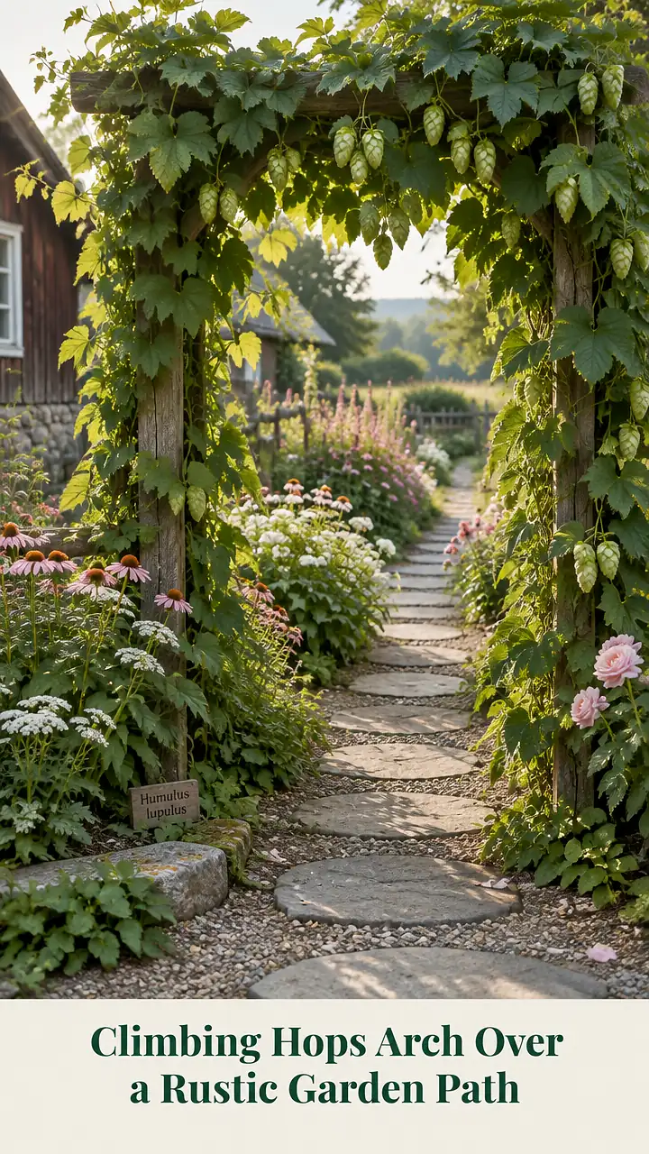 Climbing Hops Arch Over a Rustic Garden Path