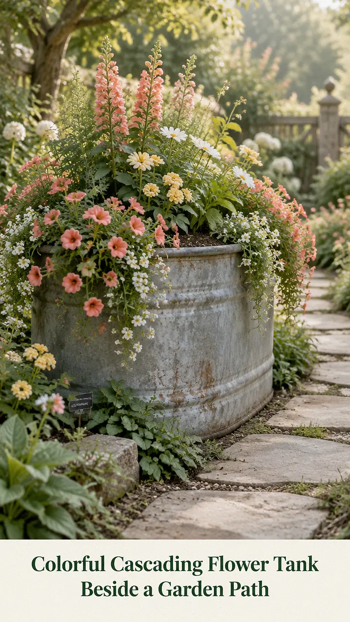 Colorful Cascading Flower Tank Beside a Garden Path