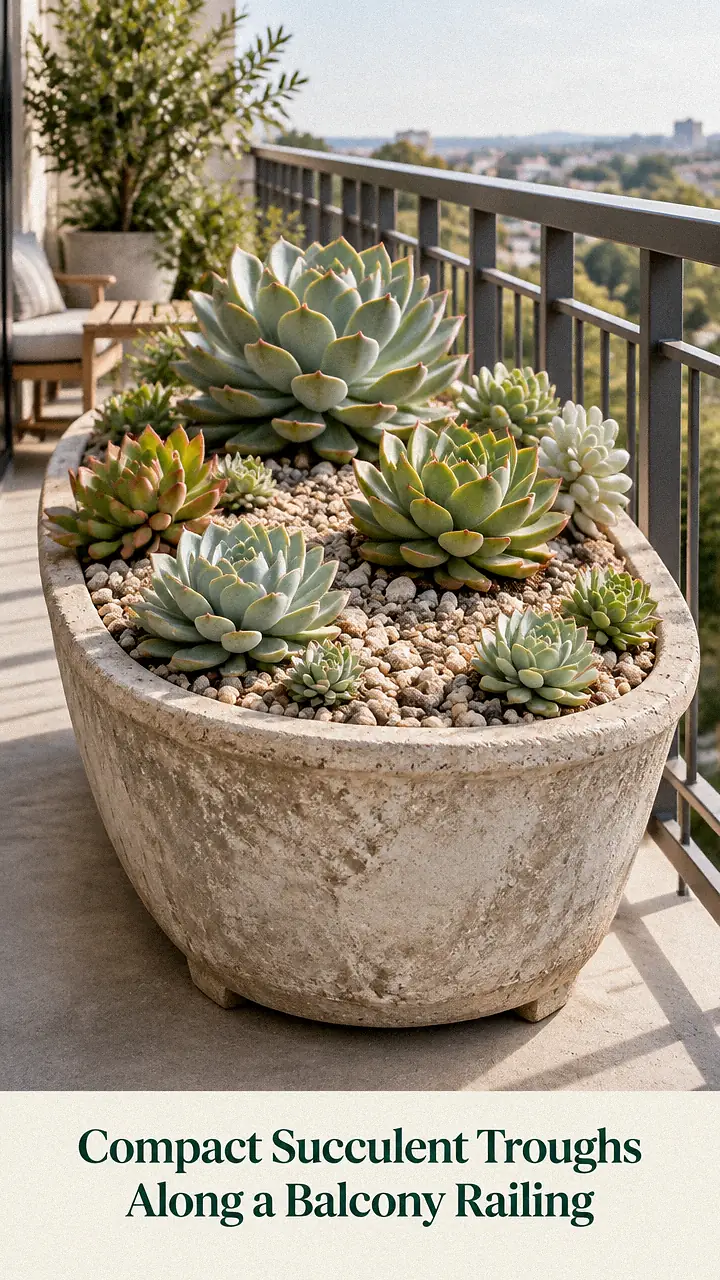 Compact Succulent Troughs Along a Balcony Railing