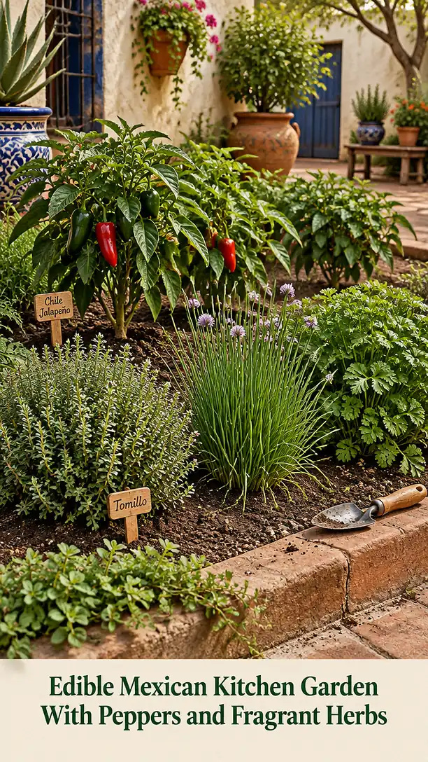 Edible Mexican Kitchen Garden With Peppers and Fragrant Herbs