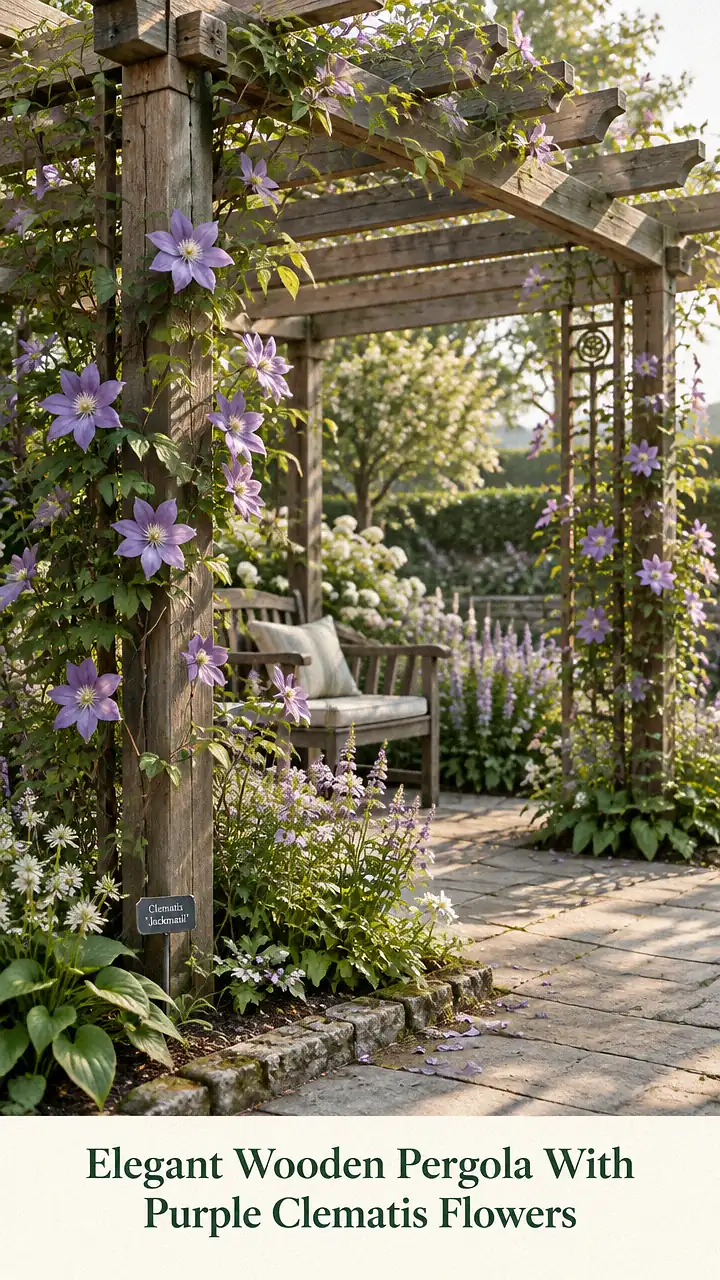 Elegant Wooden Pergola With Purple Clematis Flowers