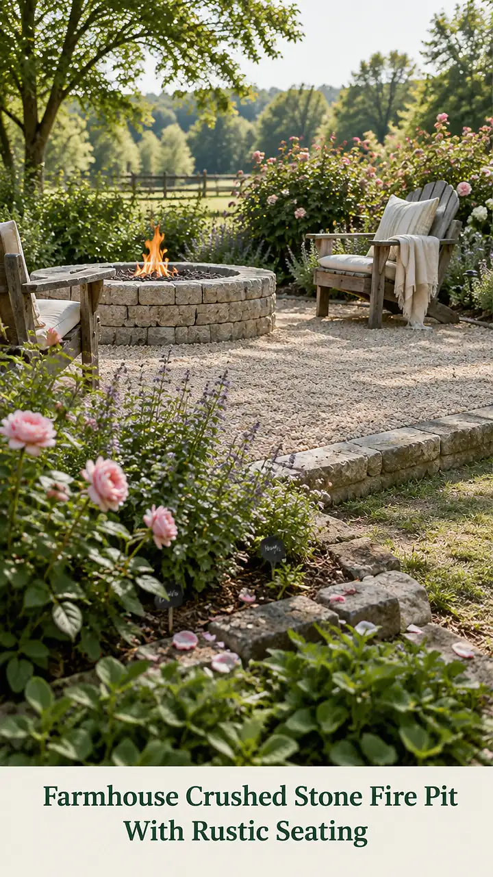 Farmhouse Crushed Stone Fire Pit With Rustic Seating