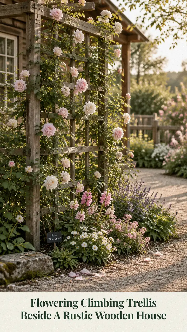 Flowering Climbing Trellis Beside A Rustic Wooden House