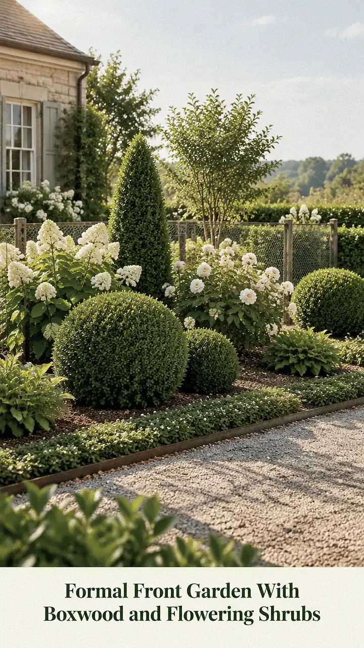 Formal Front Garden With Boxwood and Flowering Shrubs
