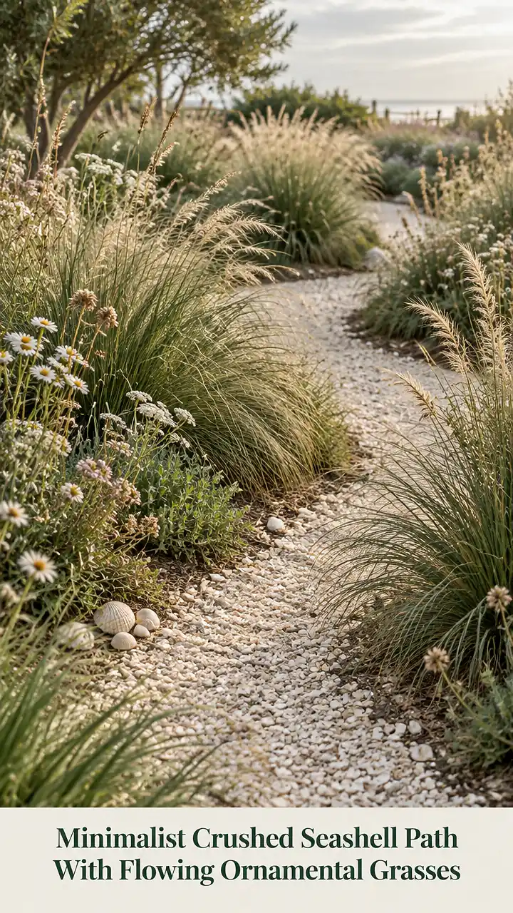 Minimalist Crushed Seashell Path With Flowing Ornamental Grasses