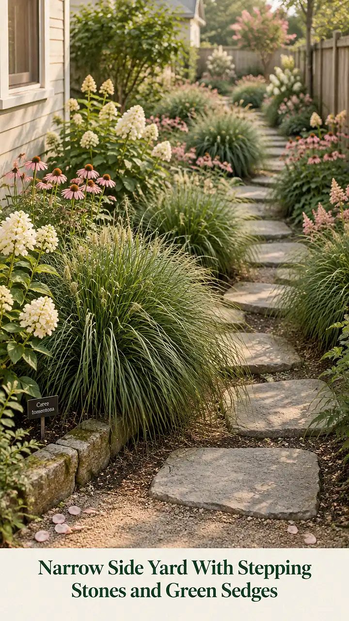 Narrow Side Yard With Stepping Stones and Green Sedges