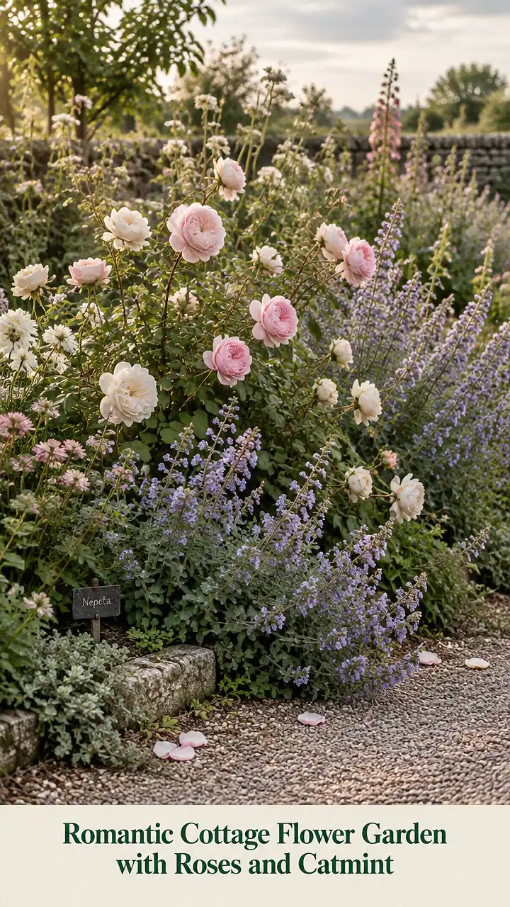 Romantic Cottage Flower Garden with Roses and Catmint