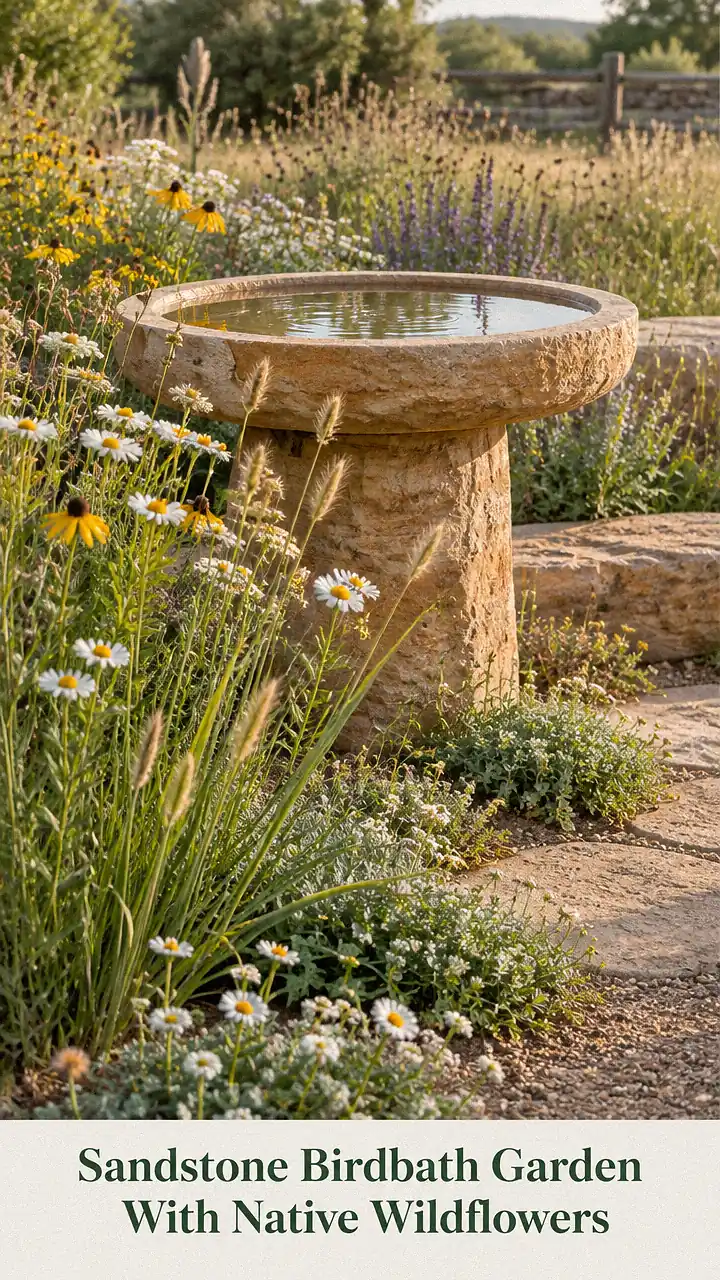 Sandstone Birdbath Garden With Native Wildflowers