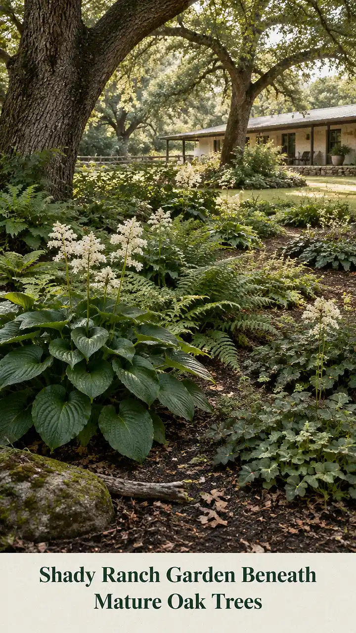 Shady Ranch Garden Beneath Mature Oak Trees