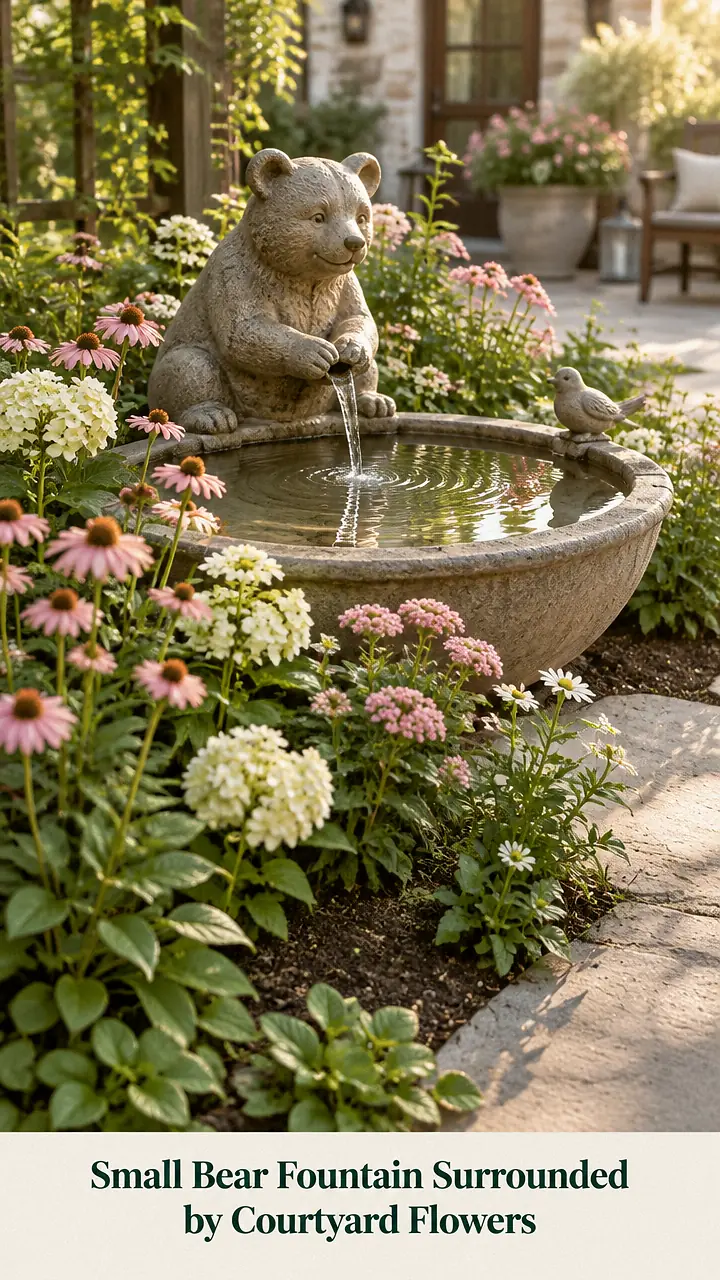 Small Bear Fountain Surrounded by Courtyard Flowers