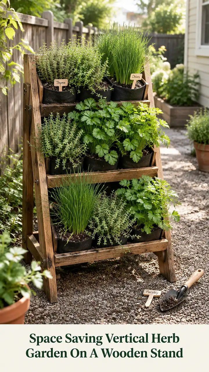Space Saving Vertical Herb Garden On A Wooden Stand