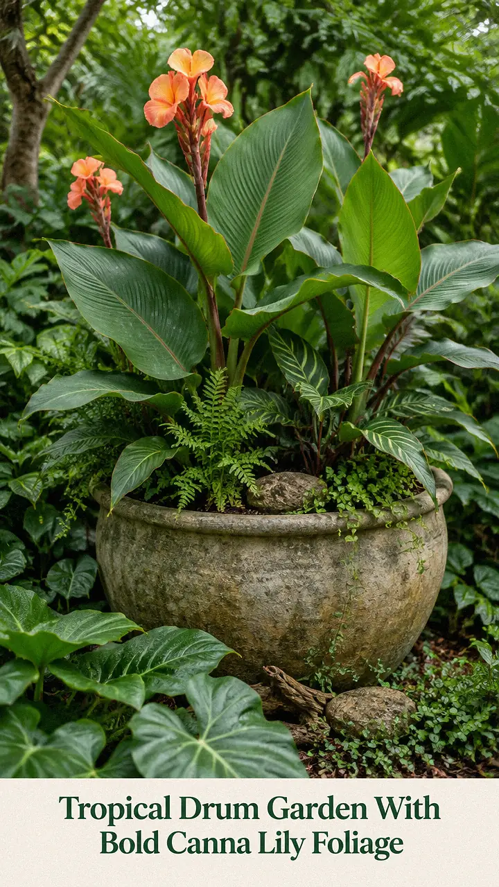 Tropical Drum Garden With Bold Canna Lily Foliage