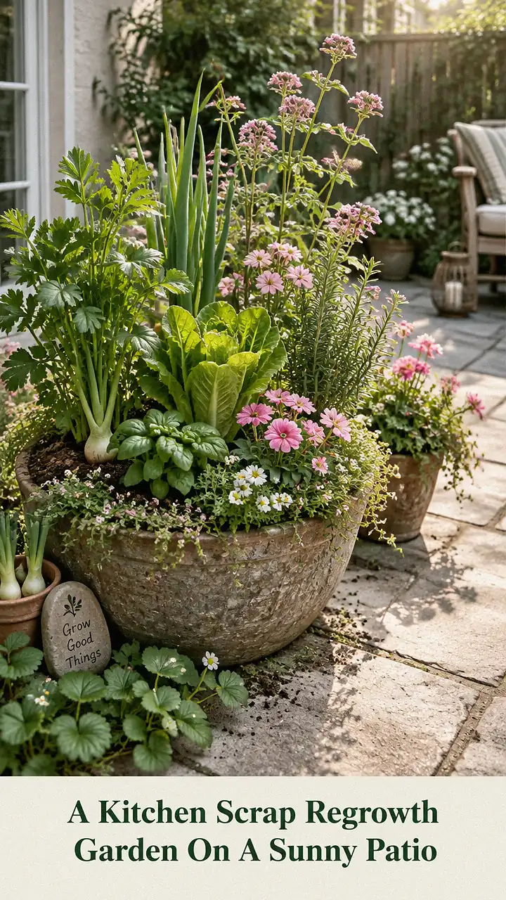 A Kitchen Scrap Regrowth Garden On A Sunny Patio