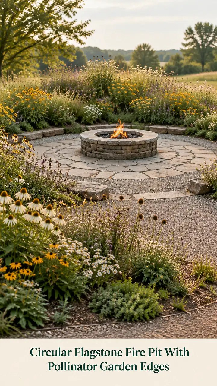 Circular Flagstone Fire Pit With Pollinator Garden Edges
