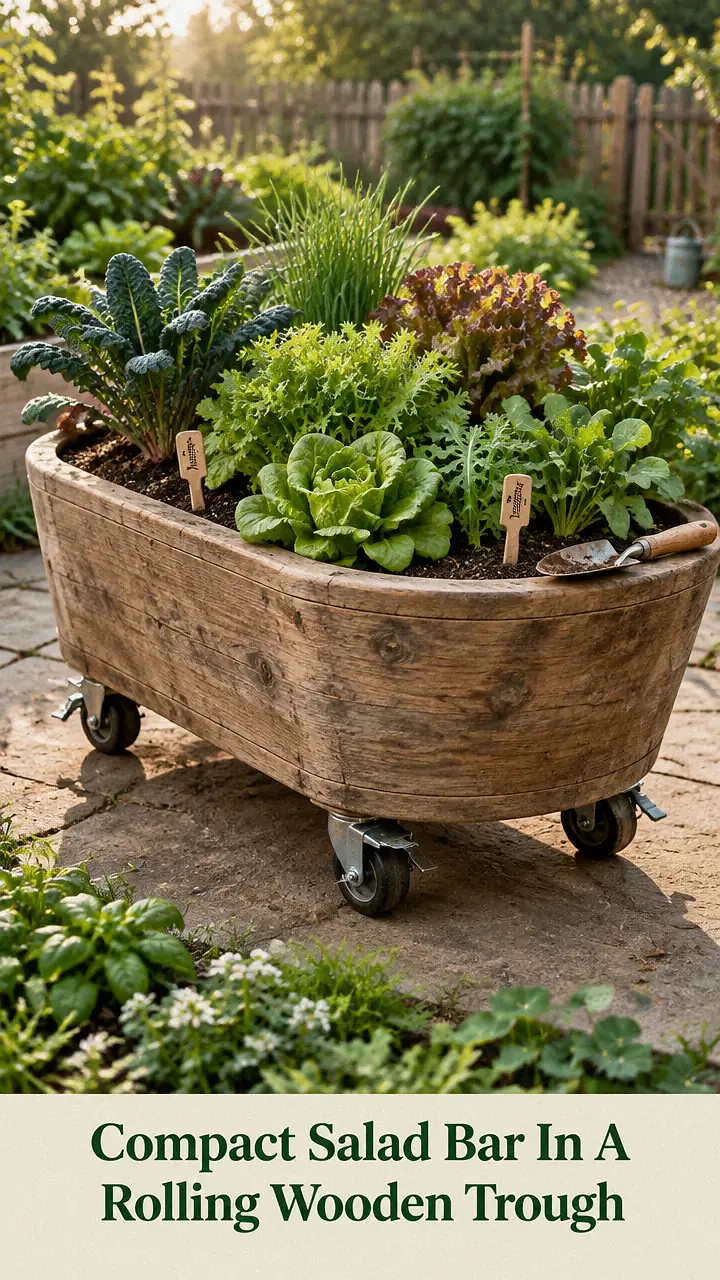 Compact Salad Bar In A Rolling Wooden Trough