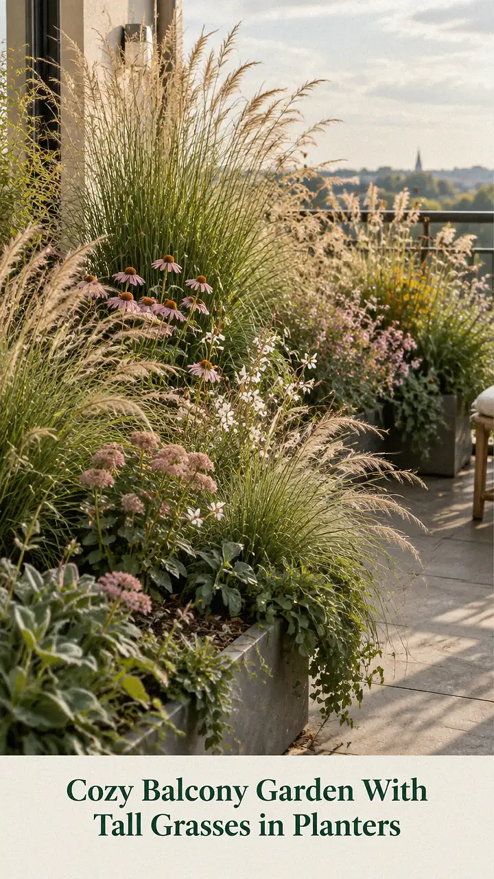 Cozy Balcony Garden With Tall Grasses in Planters