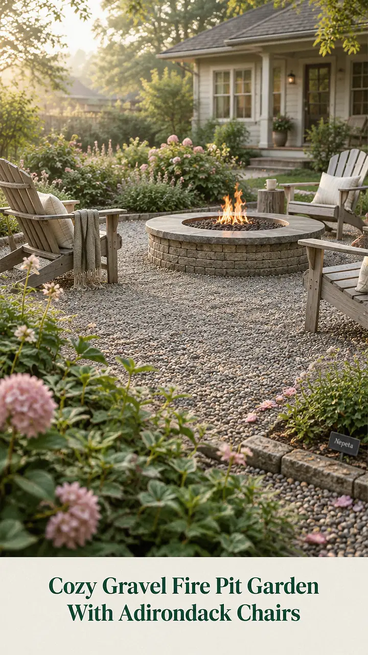 Cozy Gravel Fire Pit Garden With Adirondack Chairs