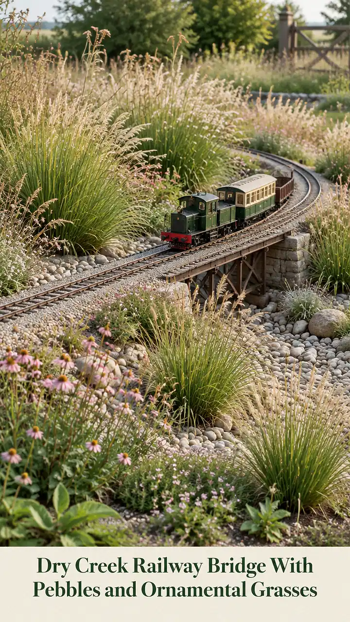 Dry Creek Railway Bridge With Pebbles and Ornamental Grasses