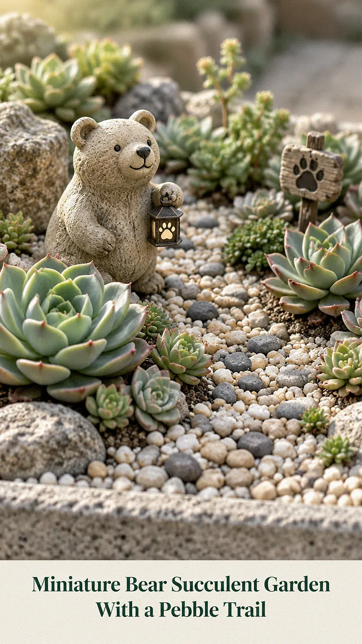 Miniature Bear Succulent Garden With a Pebble Trail