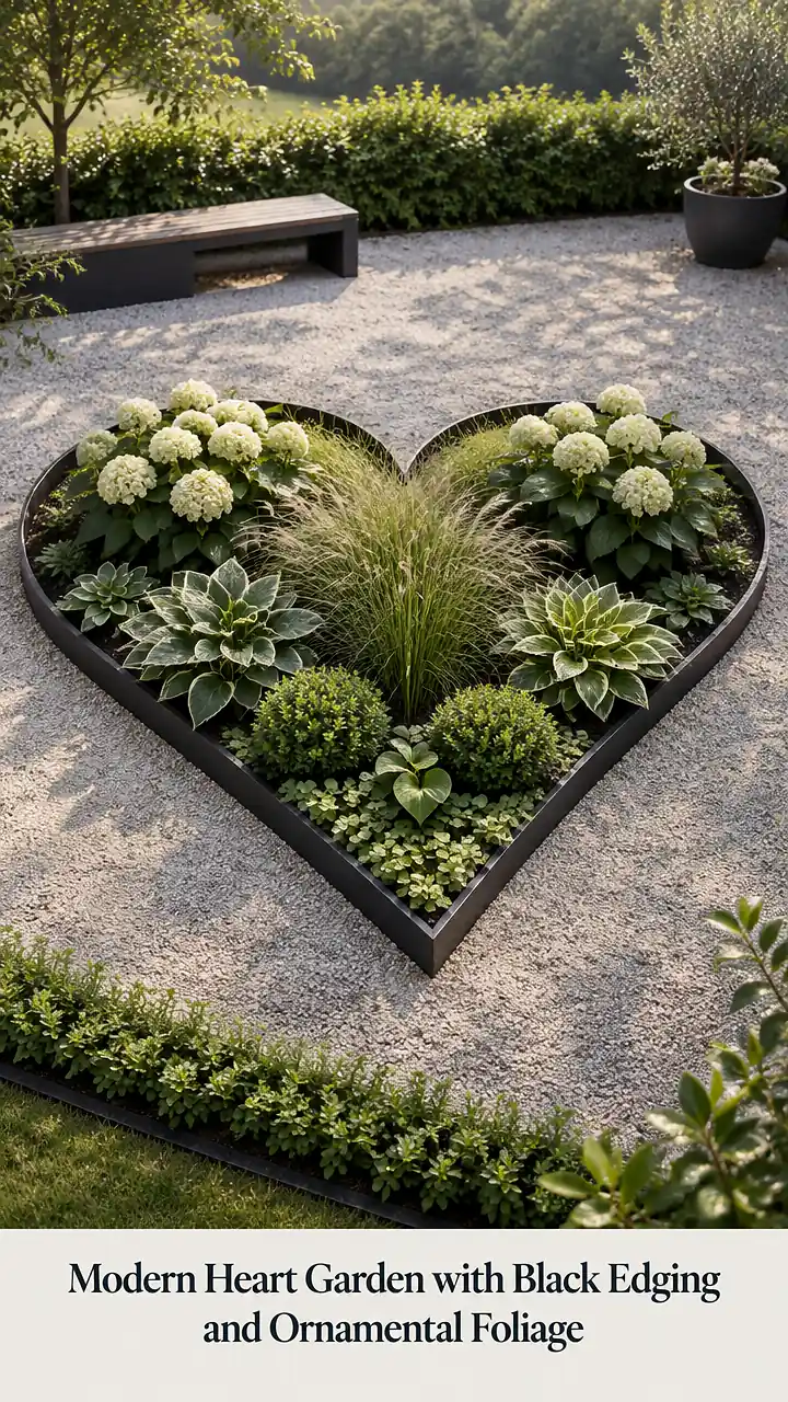 Modern Heart Garden with Black Edging and Ornamental Foliage
