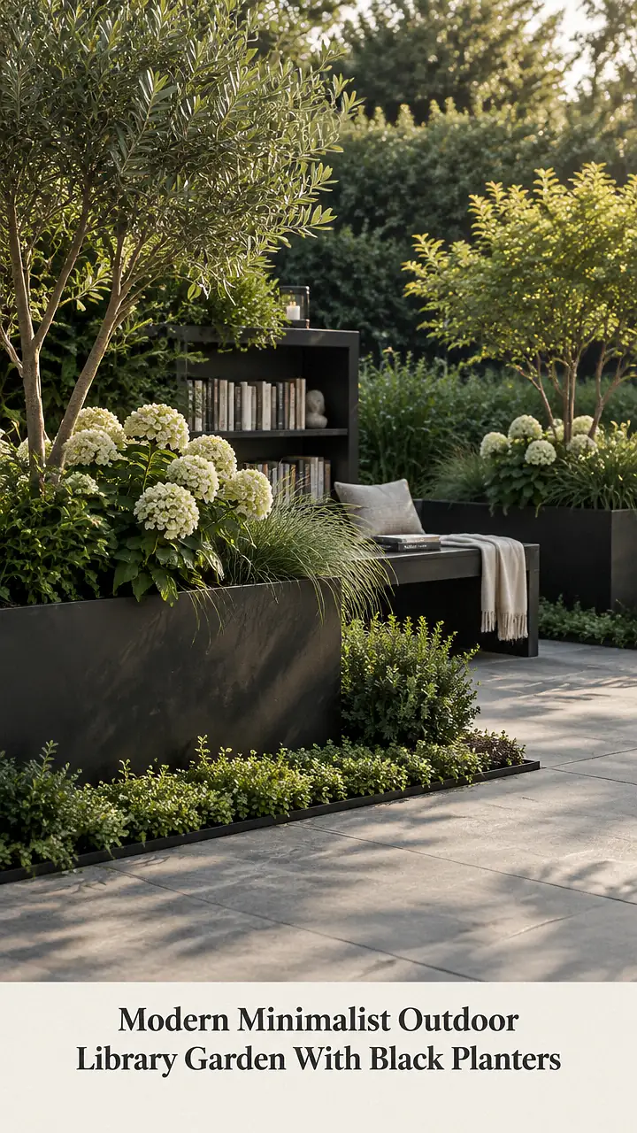 Modern Minimalist Outdoor Library Garden With Black Planters