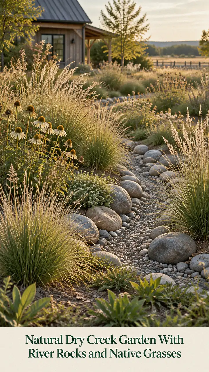 Natural Dry Creek Garden With River Rocks and Native Grasses