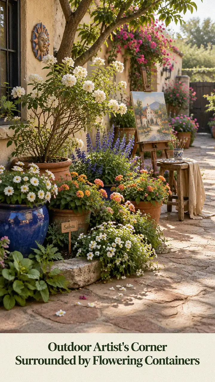 Outdoor Artist's Corner Surrounded by Flowering Containers