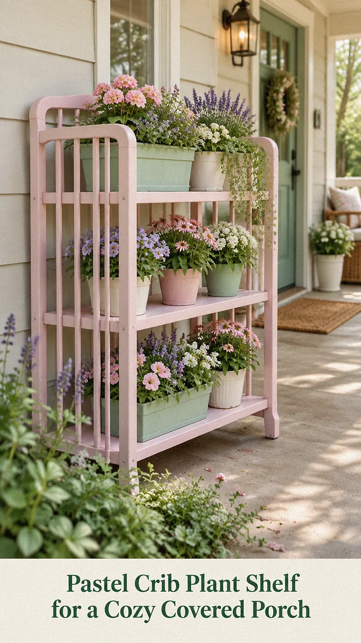 Pastel Crib Plant Shelf for a Cozy Covered Porch