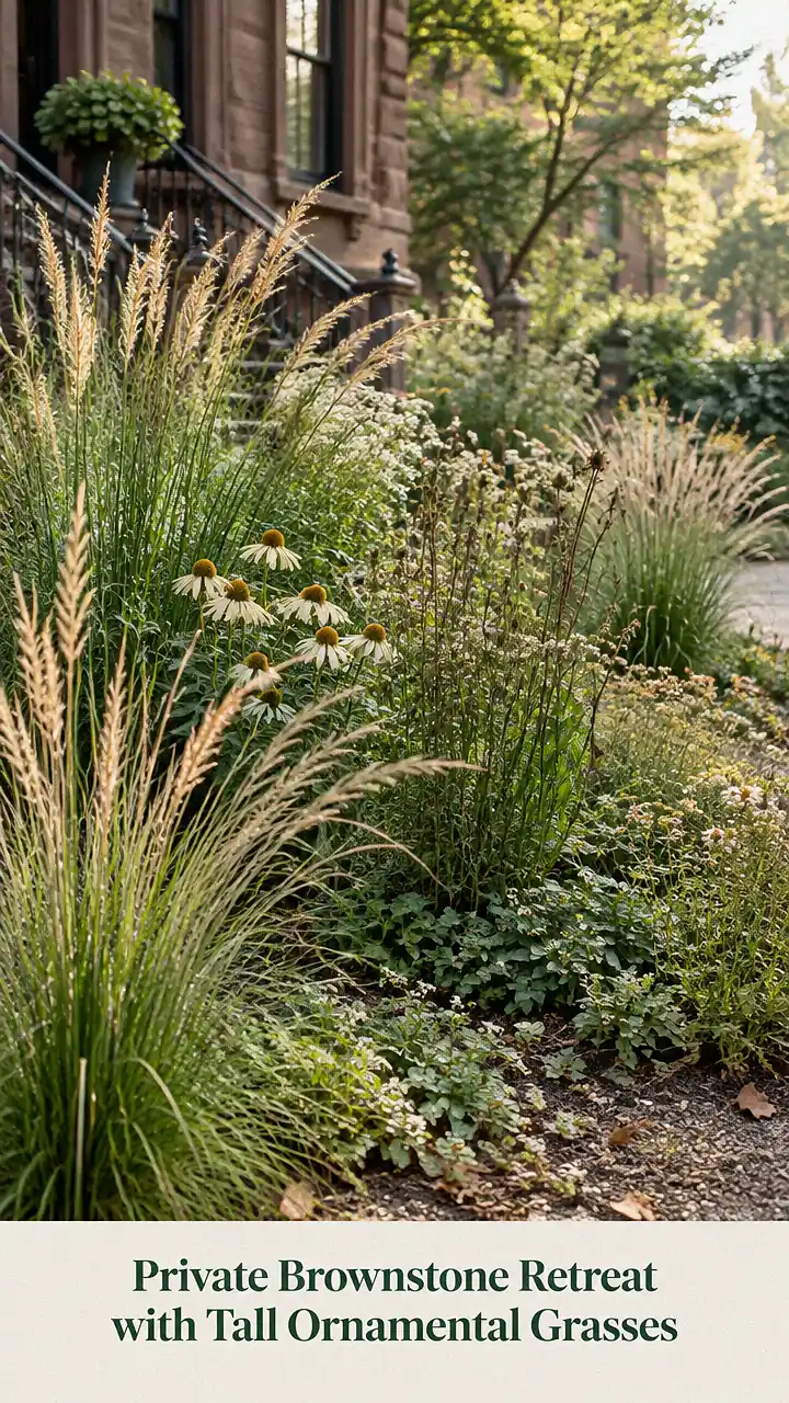 Private Brownstone Retreat with Tall Ornamental Grasses